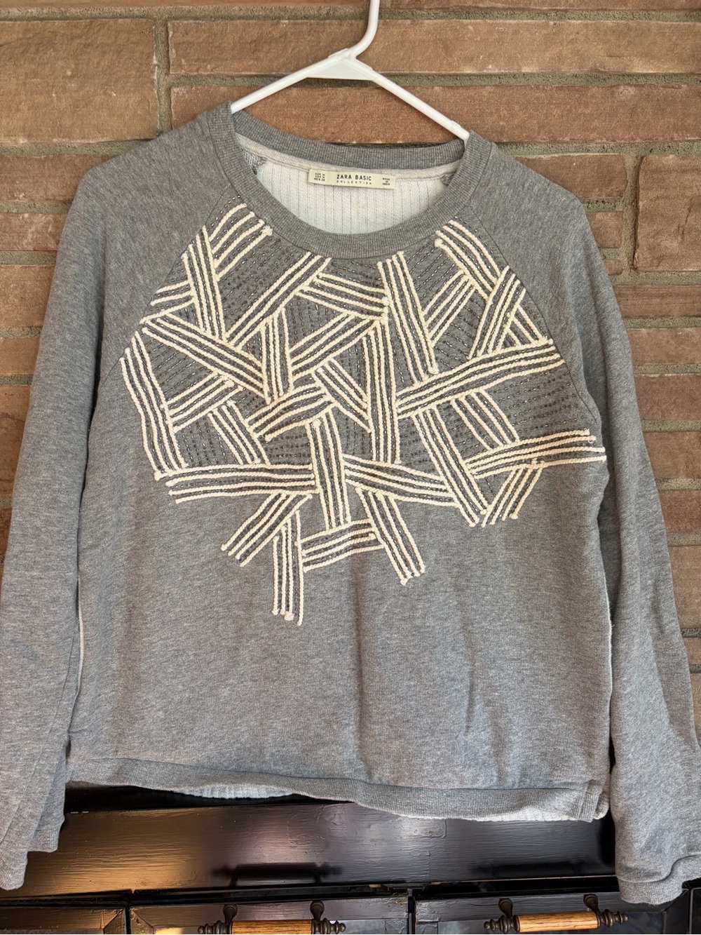 Zara Basic Gray Sweatshirt with Beaded Ivory Woven Front Detail